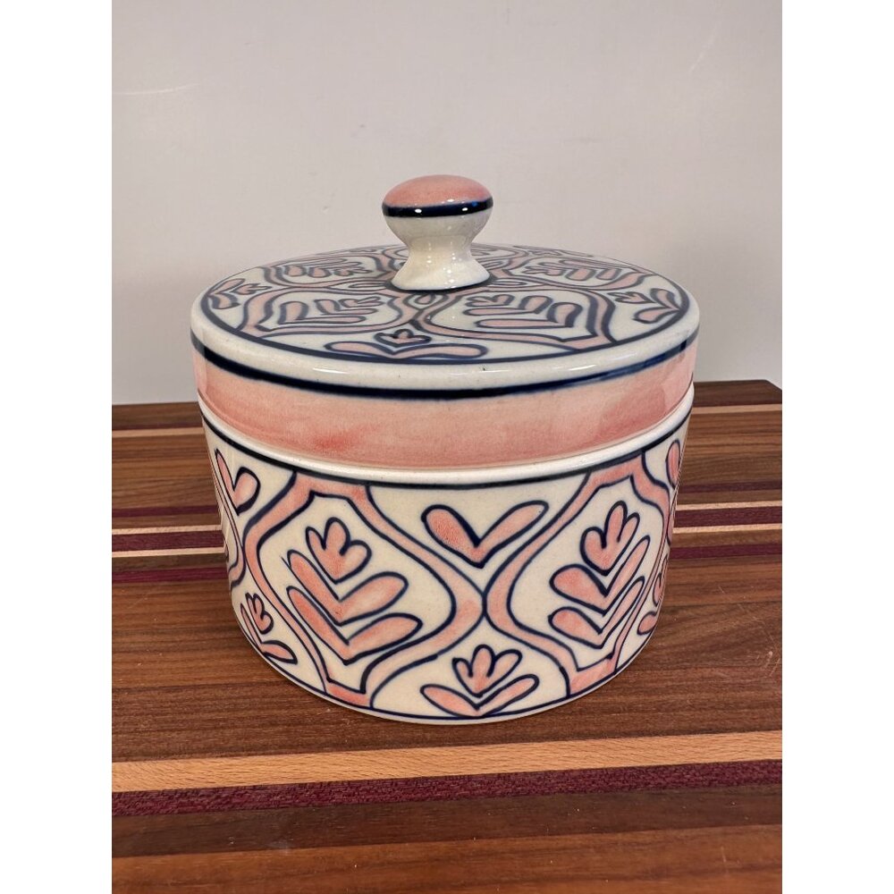 Hand-Painted Ceramic Storage Jar With Lid - Pink & Blue Floral Pattern - 6.5" Di